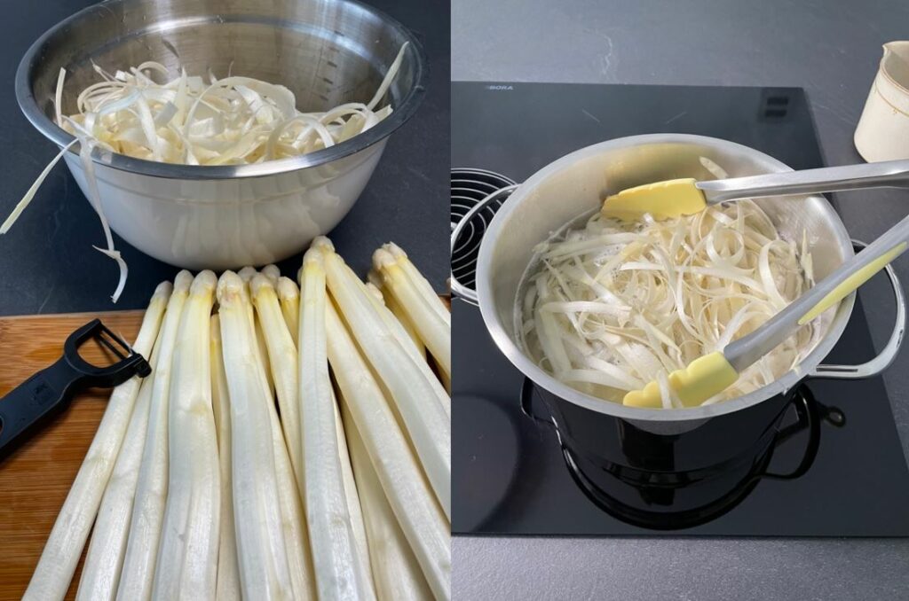 vegan,Spargel,Suppe,Schalen,Enden,gesund,Brühe,vorbereiten,schälen,Topf