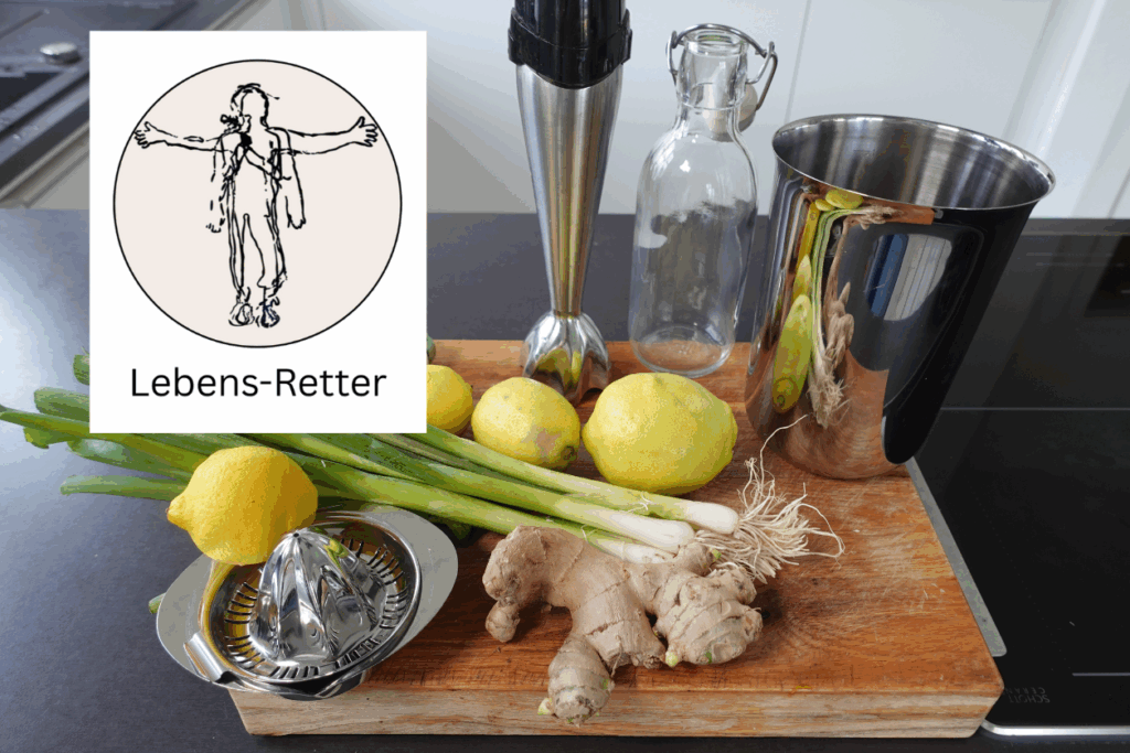 Zutaten,Stoffwechsel,Hausmittel,Zitronen,Frühlingszwiebeln,anregen,Ingwer,für,Shots,Glas,Stabmixer,Zitronenpresse,Cup